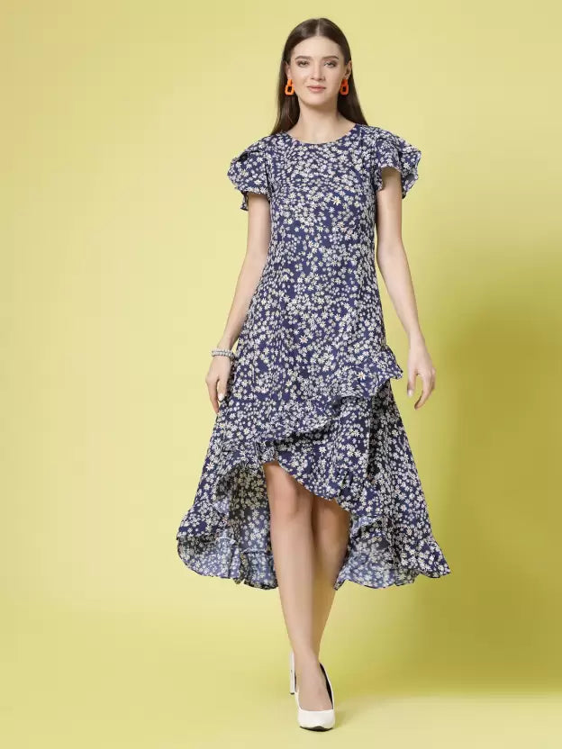 Floral Printed Flutter Sleeve Ruffled Crepe A-Line Midi Dress