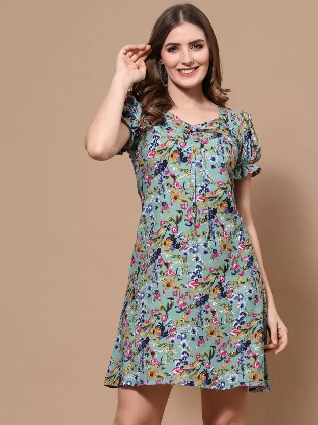 Chevron Printed Puff Sleeves Tie-Up A-Line Dress