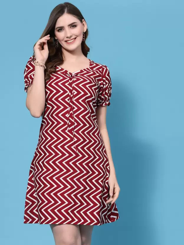 Chevron Printed Puff Sleeves Tie-Up A-Line Dress