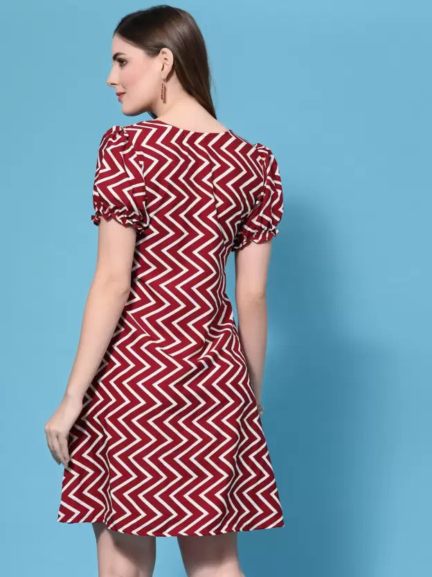 Chevron Printed Puff Sleeves Tie-Up A-Line Dress