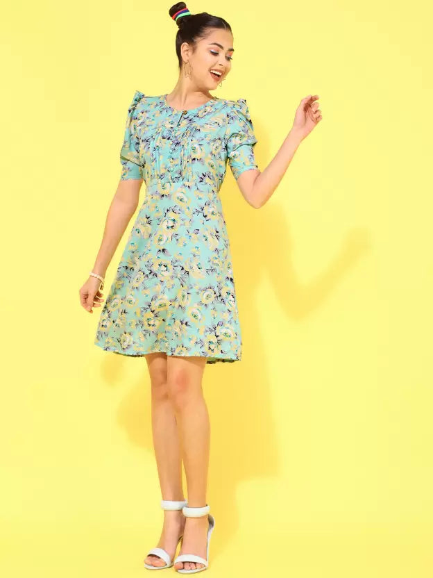 Floral Print Puff Sleeve Crepe A-Line Mini Dress