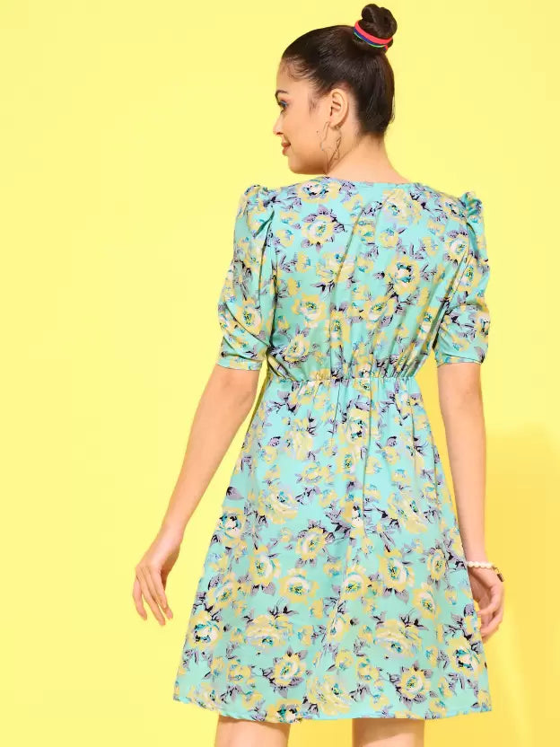 Floral Print Puff Sleeve Crepe A-Line Mini Dress