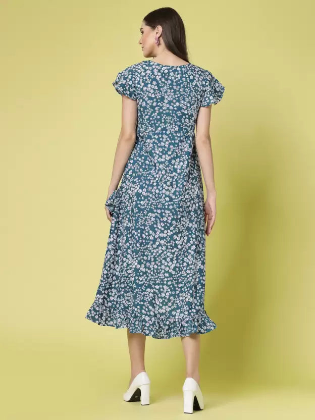 Floral Printed Flutter Sleeve Ruffled Crepe A-Line Midi Dress