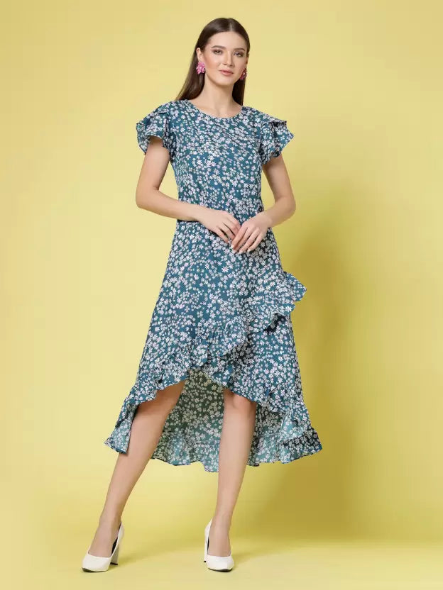 Floral Printed Flutter Sleeve Ruffled Crepe A-Line Midi Dress