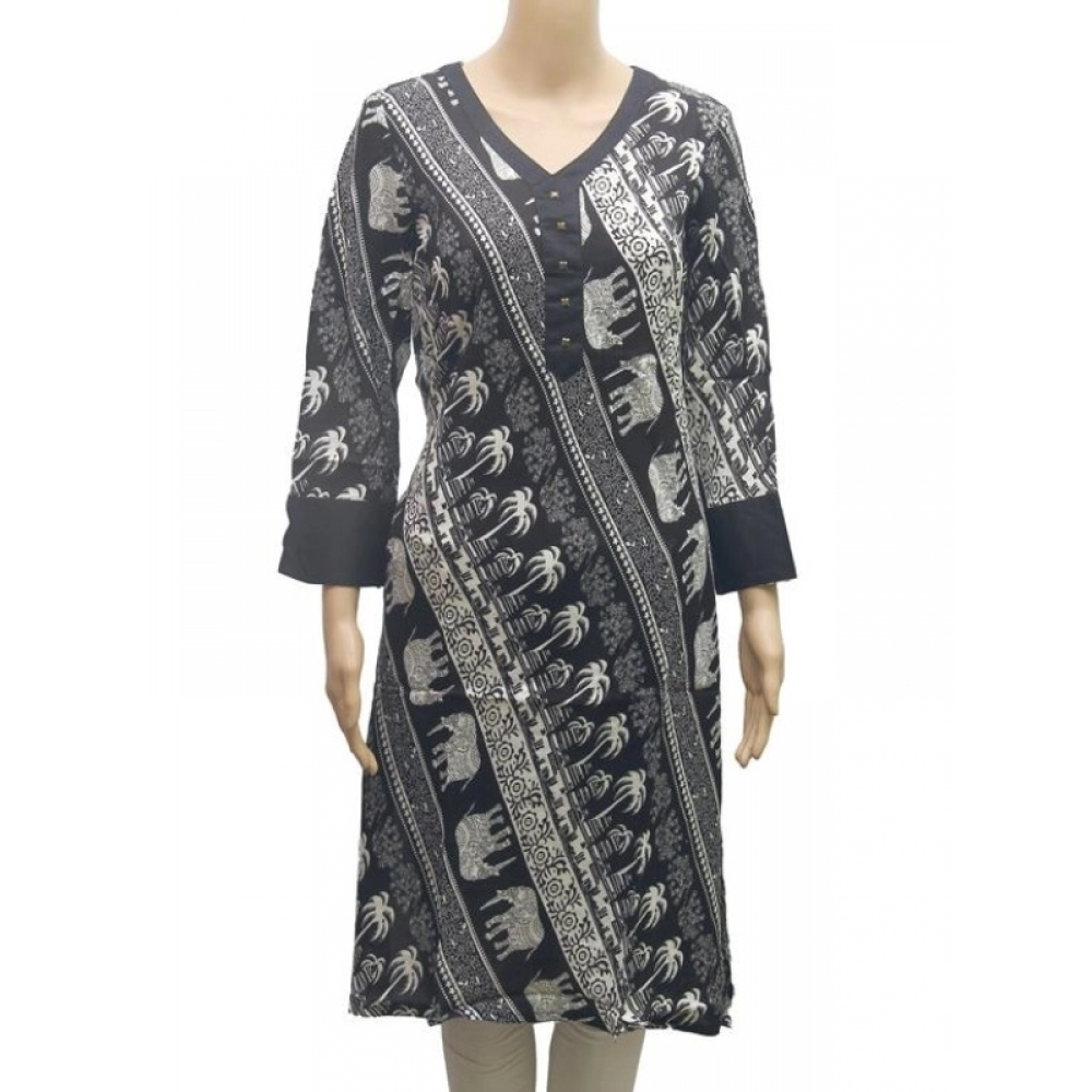 Femilyn Women's Rayon Kurtis (Black, White, XL)