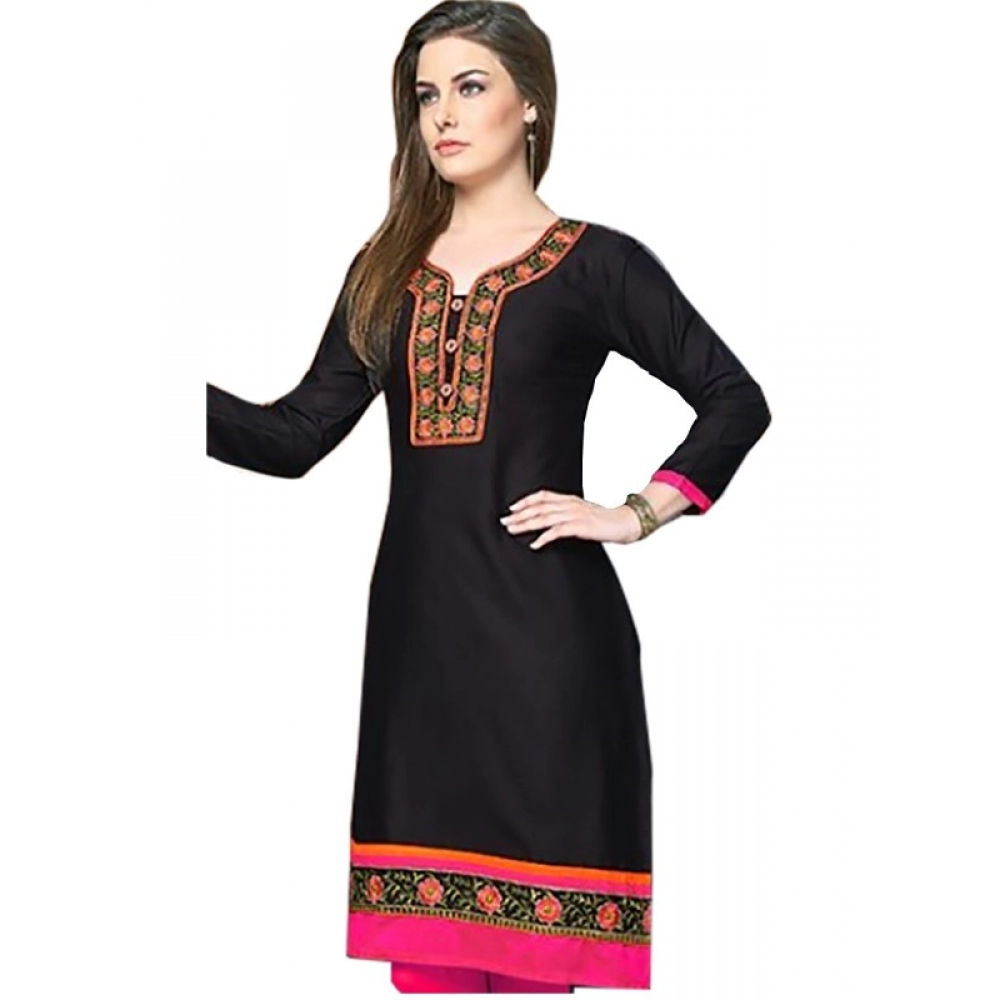 Femilyn Women's Linen and Cotton Mix Kurtis (Black, Pink, L)