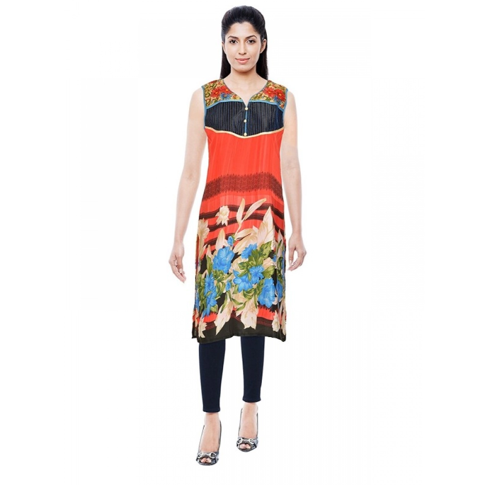 Femilyn Women's Synthetic Kurtis (Orange, L)