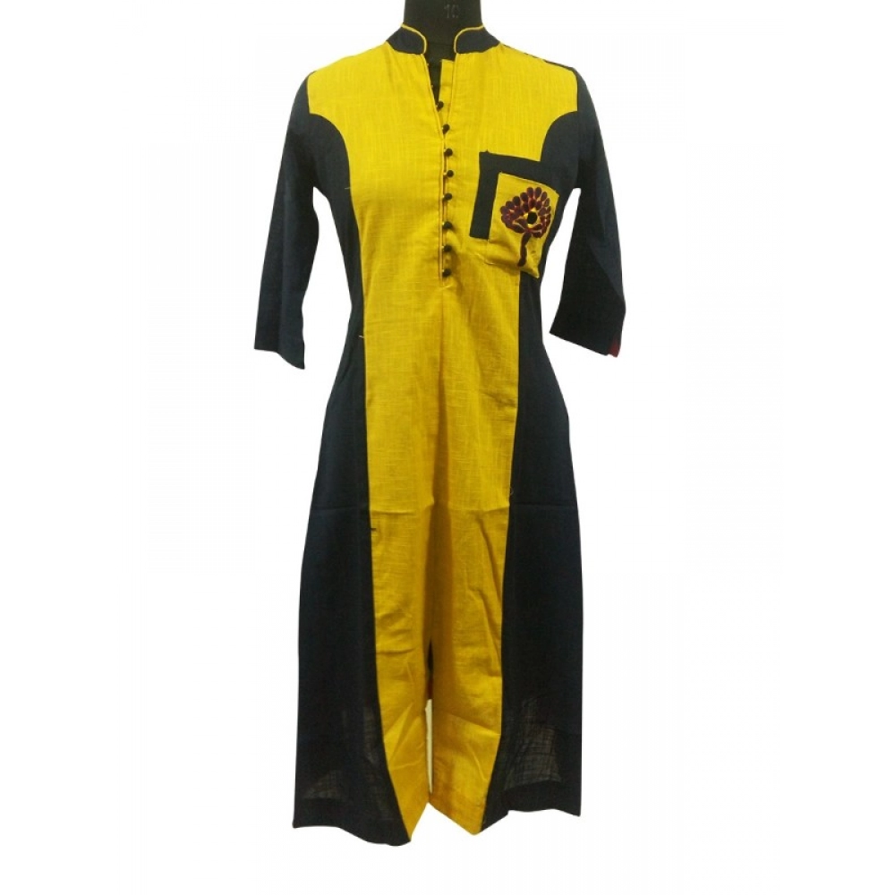 Femilyn Women's Cotton Kurtis (Yellow, Black, L)