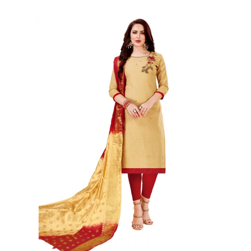 Femilyn Women's Slub Cotton Unstitched Salwar-Suit Material With Dupatta (Sandel, 2-2.5mtrs)