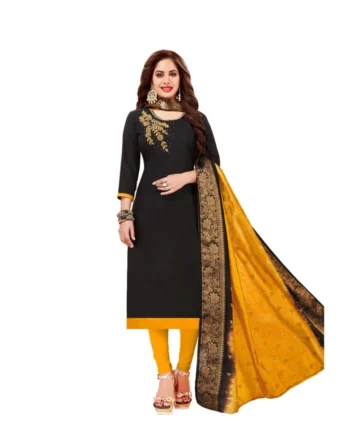 Femilyn Women's Slub Cotton Unstitched Salwar-Suit Material With Dupatta (Black, 2-2.5mtrs)