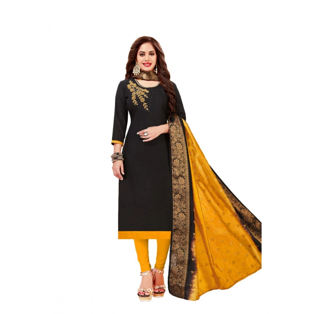 Femilyn Women's Slub Cotton Unstitched Salwar-Suit Material With Dupatta (Black, 2-2.5mtrs)