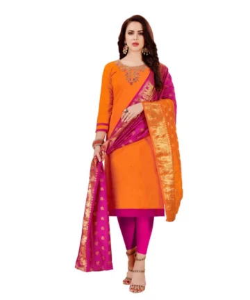 Femilyn Women's Slub Cotton Unstitched Salwar-Suit Material With Dupatta (Oranage, 2-2.5mtrs)