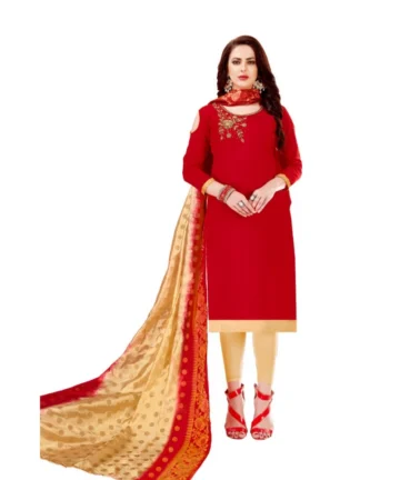Femilyn Women's Slub Cotton Unstitched Salwar-Suit Material With Dupatta (Red, 2-2.5mtrs)