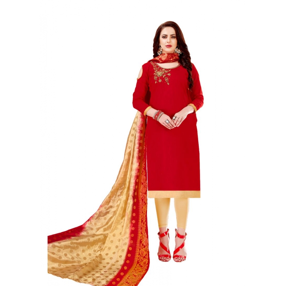 Femilyn Women's Slub Cotton Unstitched Salwar-Suit Material With Dupatta (Red, 2-2.5mtrs)