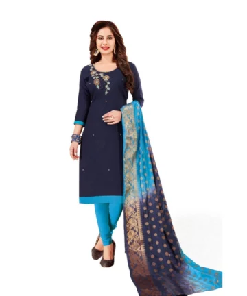 Femilyn Women's Slub Cotton Unstitched Salwar-Suit Material With Dupatta (Navy Blue, 2-2.5mtrs)
