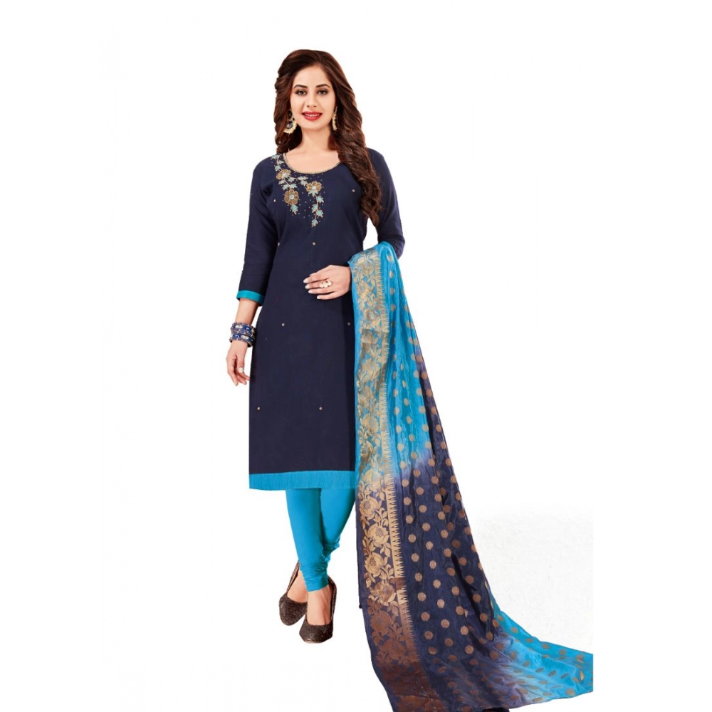Femilyn Women's Slub Cotton Unstitched Salwar-Suit Material With Dupatta (Navy Blue, 2-2.5mtrs)