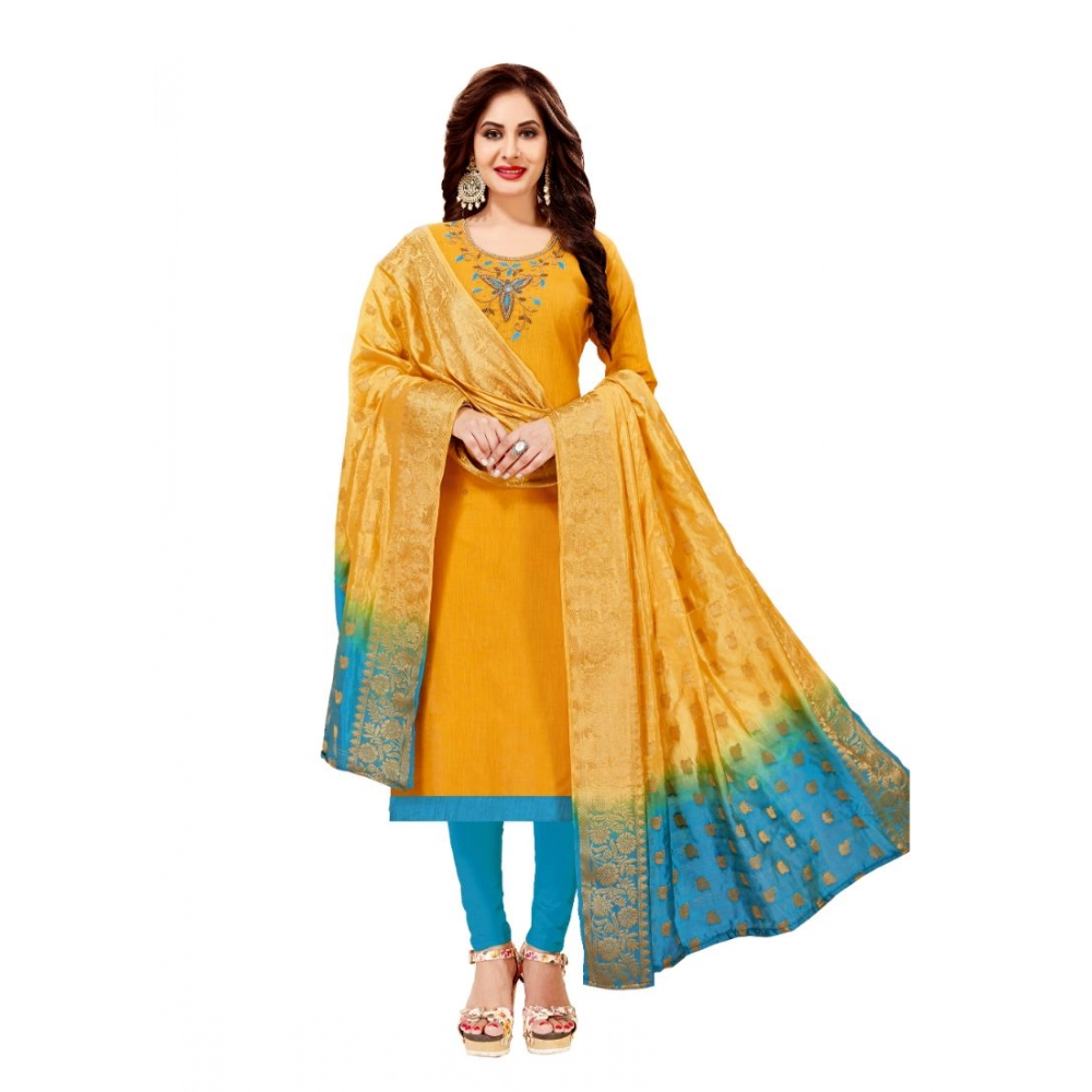 Femilyn Women's Slub Cotton Unstitched Salwar-Suit Material With Dupatta (Yellow, 2-2.5mtrs)