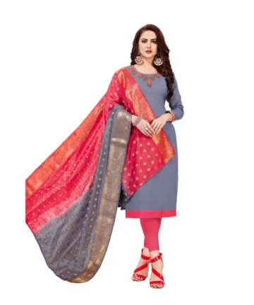 Femilyn Women's Slub Cotton Unstitched Salwar-Suit Material With Dupatta (Grey, 2-2.5mtrs)