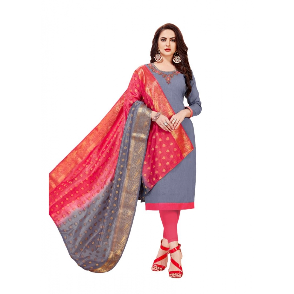 Femilyn Women's Slub Cotton Unstitched Salwar-Suit Material With Dupatta (Grey, 2-2.5mtrs)