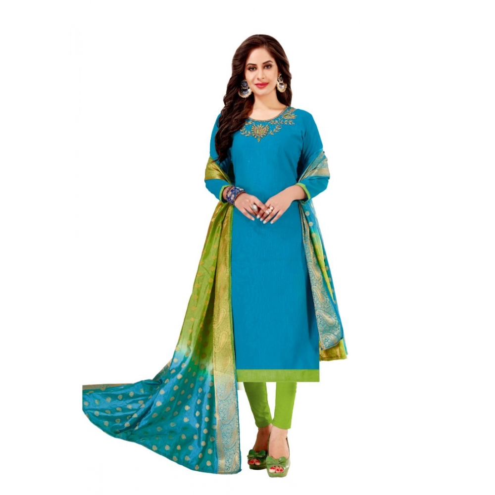 Femilyn Women's Slub Cotton Unstitched Salwar-Suit Material With Dupatta (Blue, 2-2.5mtrs)