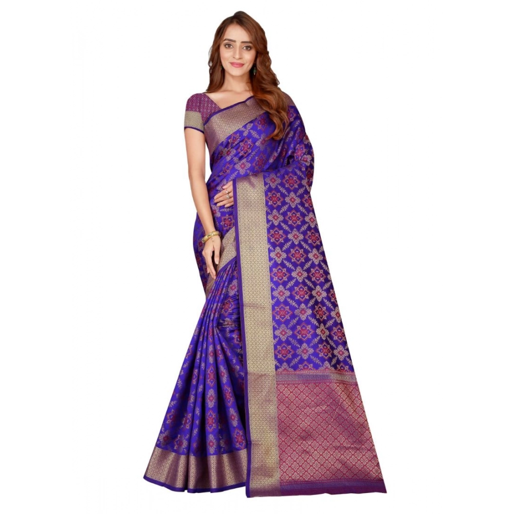 Femilyn Women's Kanjivaram Silk Saree with Blouse (Blue, 5-6 Mtrs)