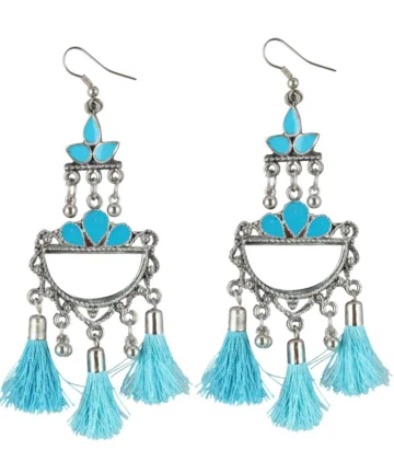 Femilyn Women's Oxidized Silver plated Firoji Tassels Earrings-silver, Blue