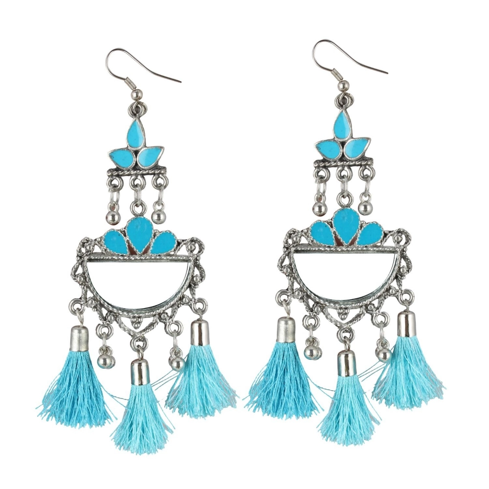 Femilyn Women's Oxidized Silver plated Firoji Tassels Earrings-silver, Blue