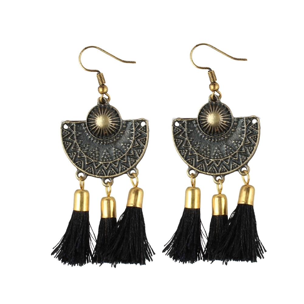 Femilyn Women's Gold Plated Tassel Fashion Earrings-Black