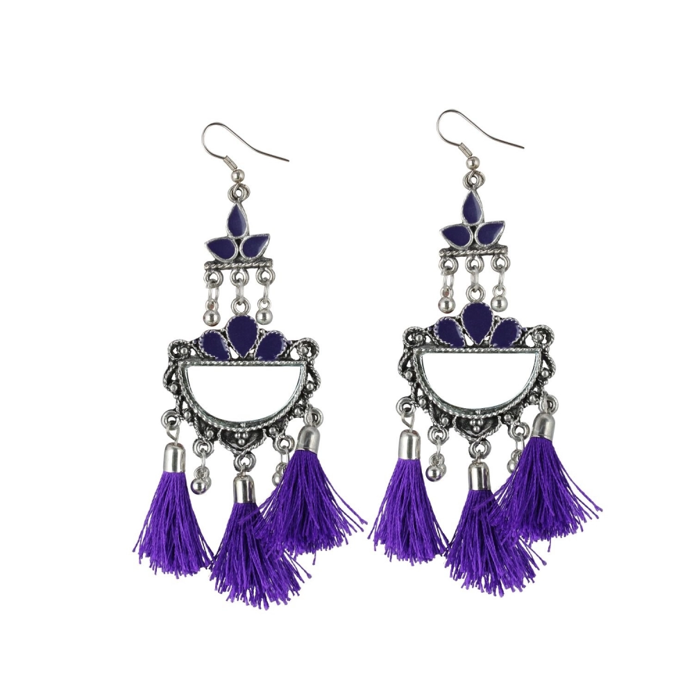 Femilyn Women's Silver Plated Afgani Tassel Earrings-Purple