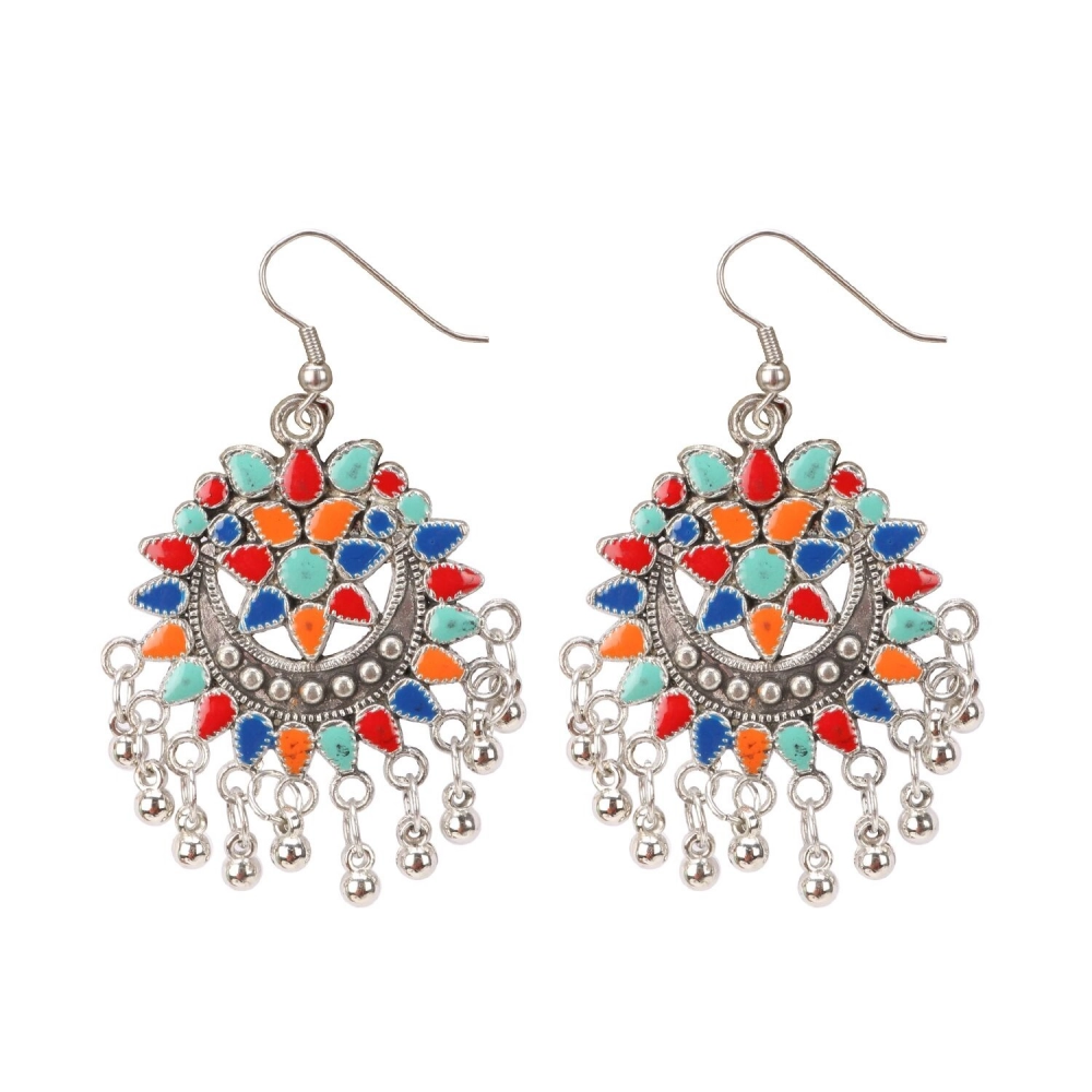 Femilyn Women's Oxidize Silver plated Hook Dangler Hanging Afgani Earrings-Multicolour