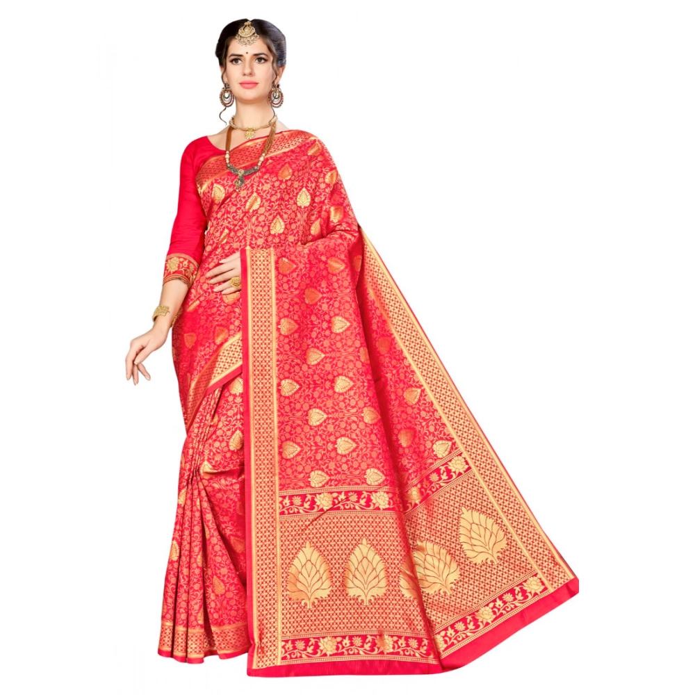 Femilyn Women's Banarasi silk Saree with Blouse (Red, 5-6mtr)
