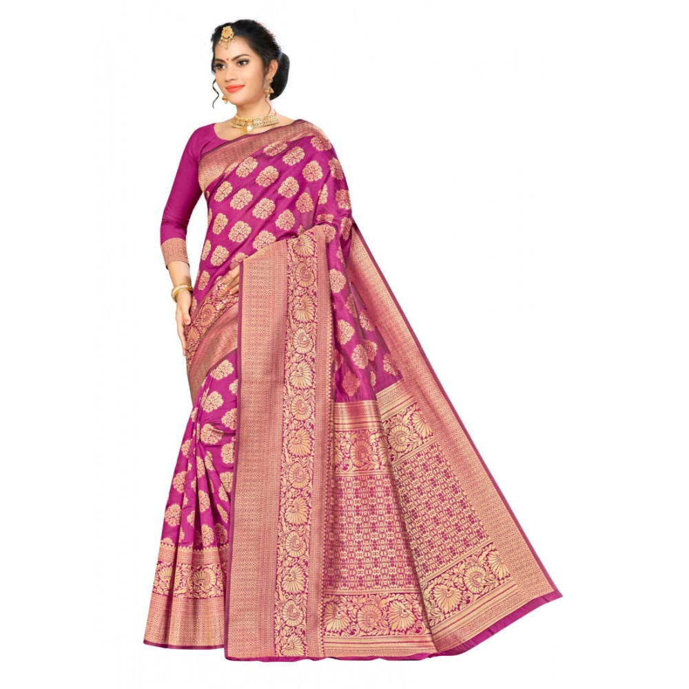 Femilyn Women's Banarasi silk Saree with Blouse (Wine, 5-6mtr)