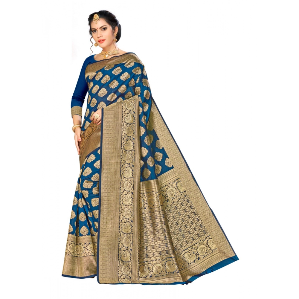 Femilyn Women's Banarasi silk Saree with Blouse (Navy blue, 5-6mtr)