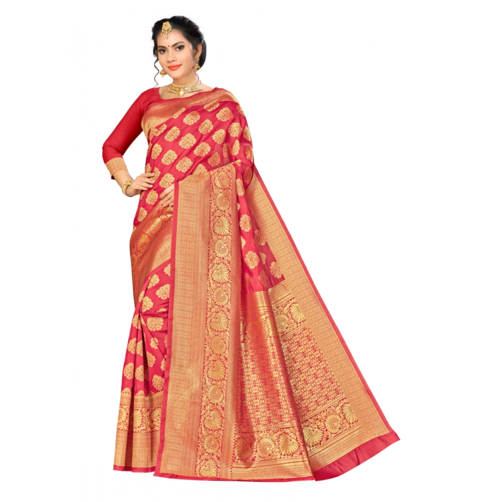 Femilyn Women's Banarasi silk Saree with Blouse (Red, 5-6mtr)