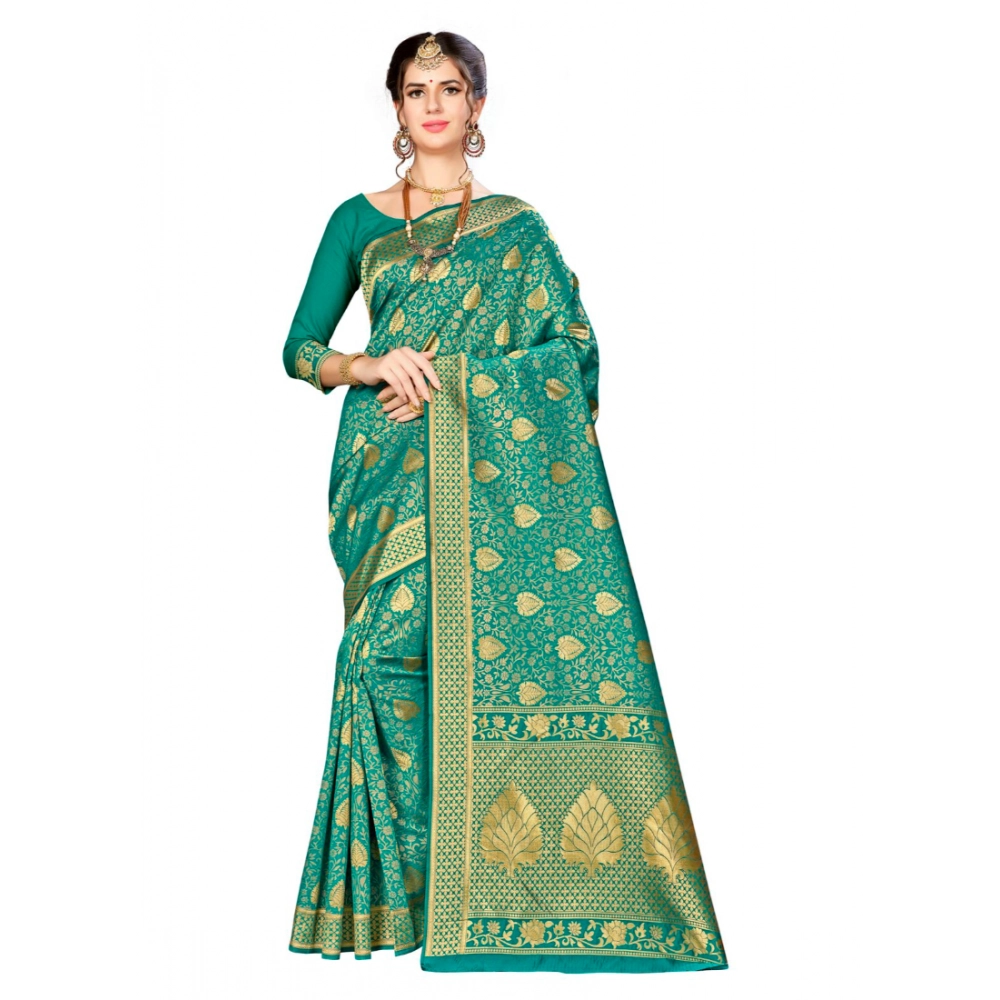 Femilyn Women's Banarasi silk Saree with Blouse (Green, 5-6mtr)