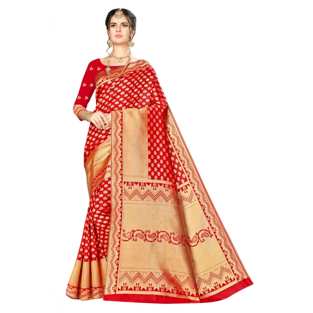 Femilyn Women's Banarasi silk Saree with Blouse (Red, 5-6mtr)