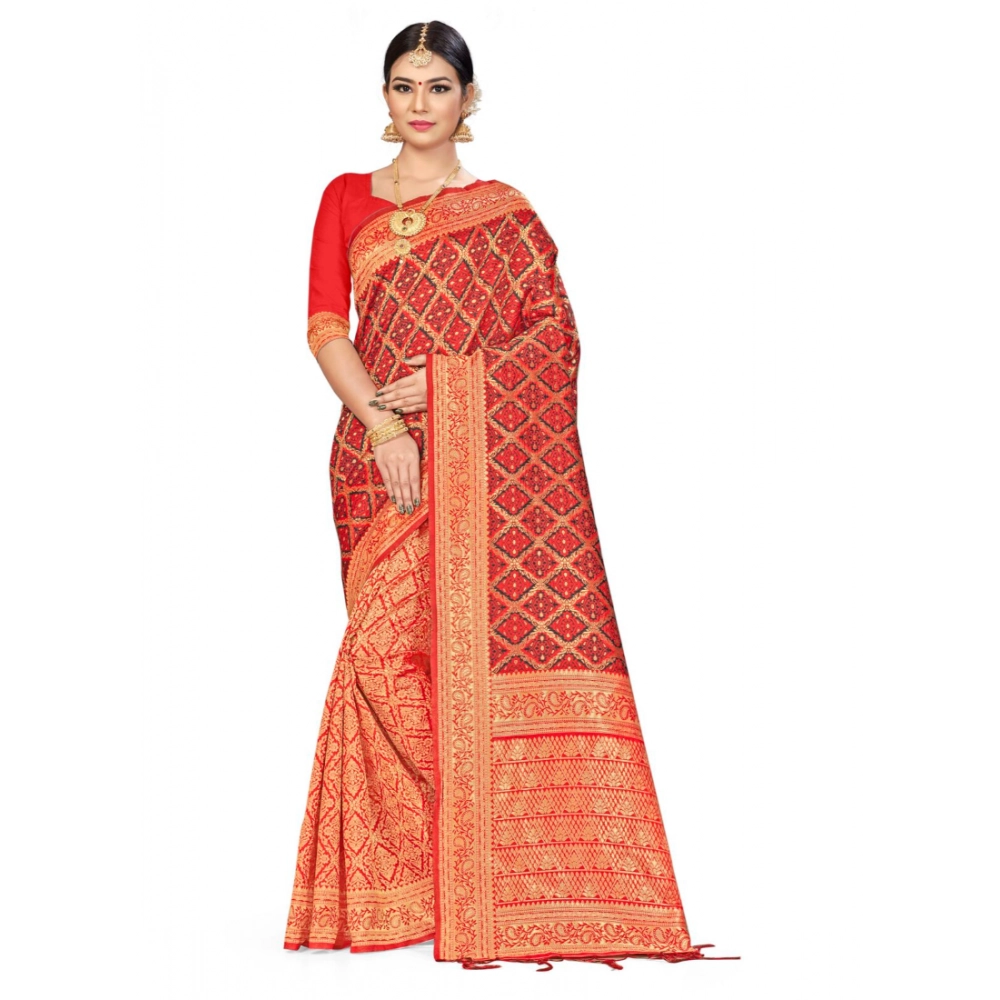 Femilyn Women's Banarasi silk Saree with Blouse (Red,black, 5-6mtr)