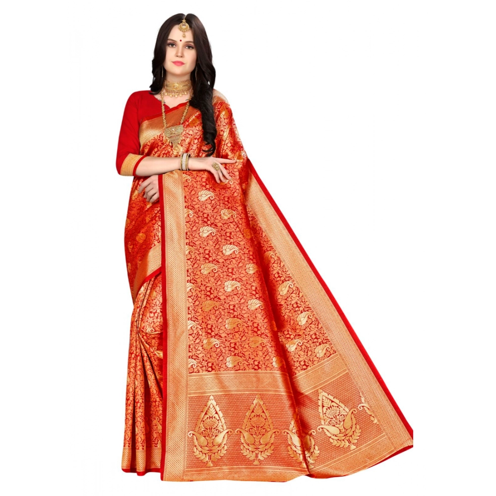 Femilyn Women's Banarasi silk Saree with Blouse (Red, 5-6mtr)