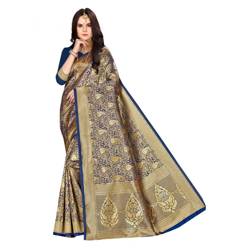 Femilyn Women's Banarasi silk Saree with Blouse (Navy blue, 5-6mtr)