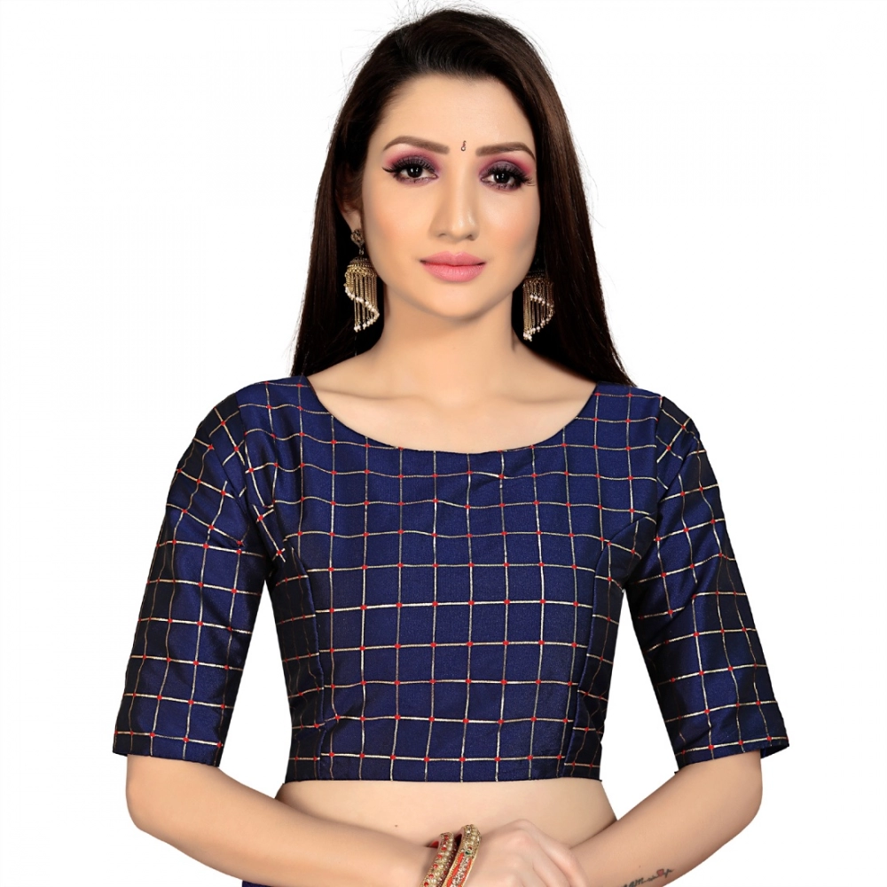 Femilyn Women's Brocade, Inner-Cotton Full Stitched Padded Blouse (Navy Blue )