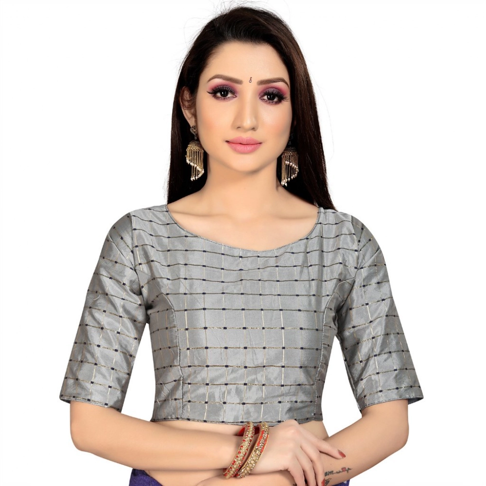 Femilyn Women's Brocade, Inner-Cotton Full Stitched Padded Blouse (Light Gray )