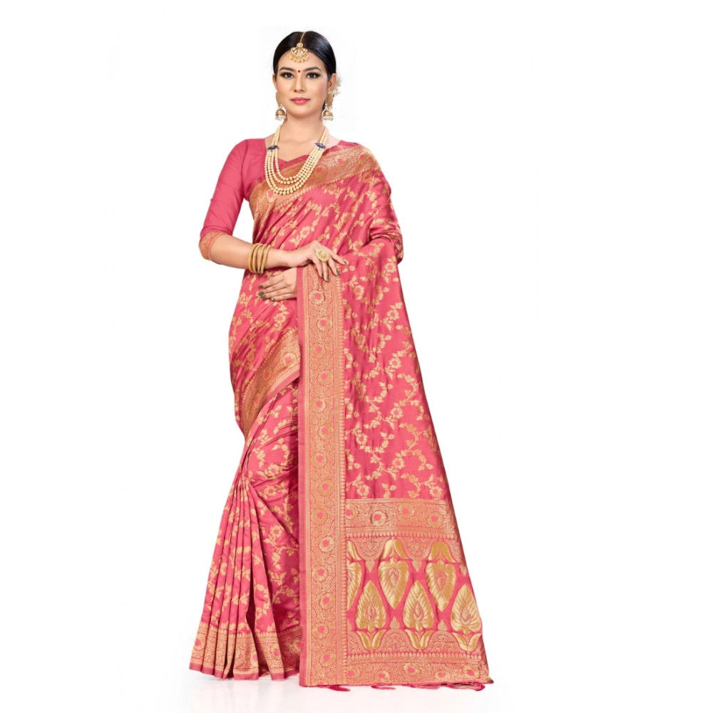 Femilyn Women's Banarasi Silk Saree (Peach, 5-6mtrs)