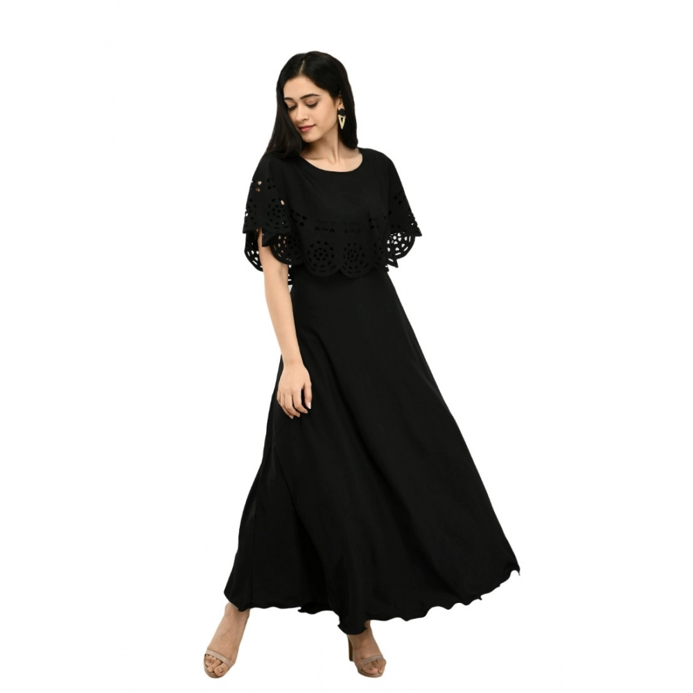 Femilyn Women's Crepe Solid Sleeveless Full Length Gown(Black)