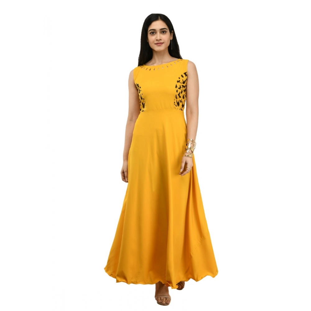 Femilyn Women's Crepe Solid Sleeveless Full Length Gown(Yellow)