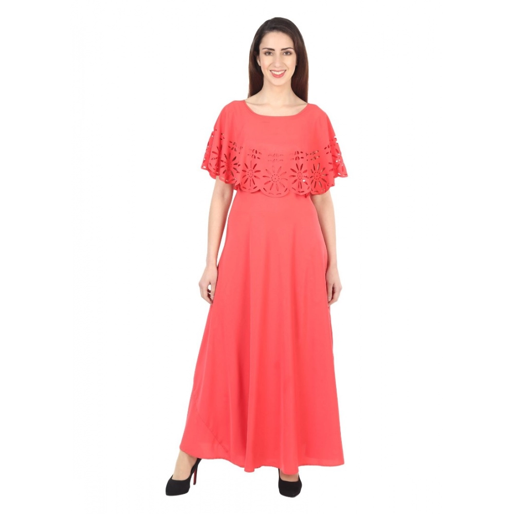 Femilyn Women's Crepe Solid Sleeveless Full Length Gown(Red)