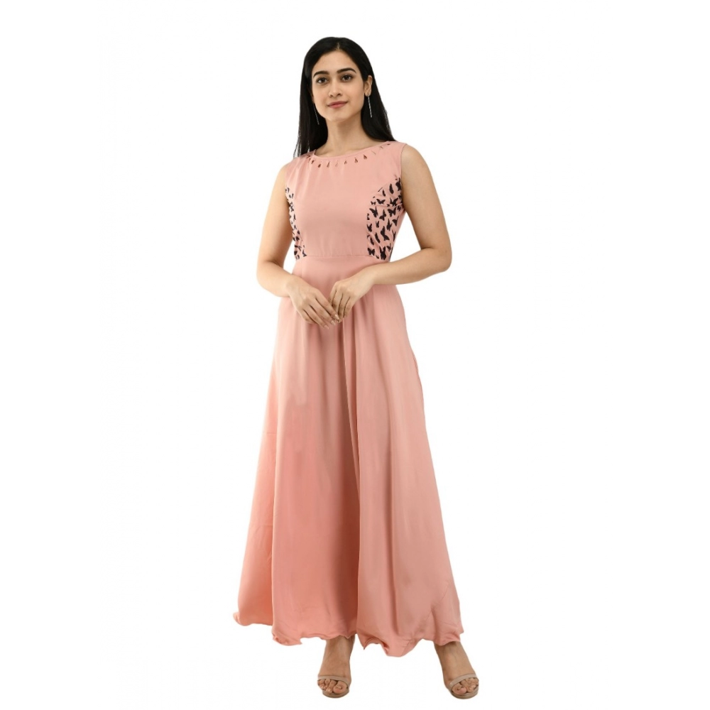 Femilyn Women's Crepe Solid Sleeveless Full Length Gown(Light Peach)