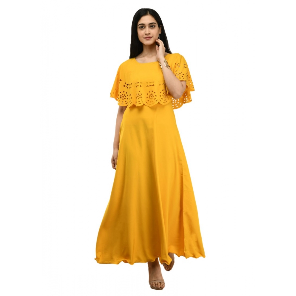 Femilyn Women's Crepe Solid Sleeveless Full Length Gown(Yellow)