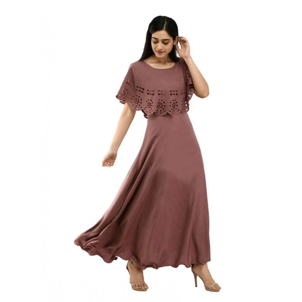 Femilyn Women's Crepe Solid Sleeveless Full Length Gown(Brown)