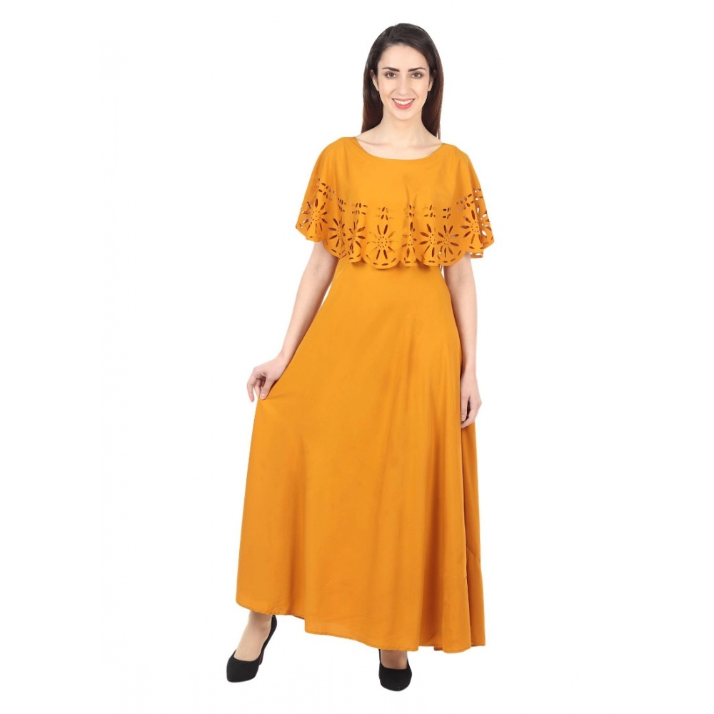 Femilyn Women's Crepe Solid Sleeveless Full Length Gown(Yellow)