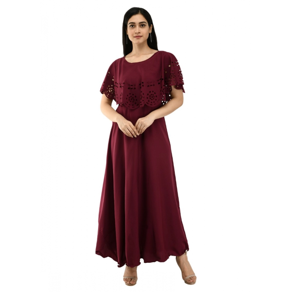 Femilyn Women's Crepe Solid Sleeveless Full Length Gown(Wine)